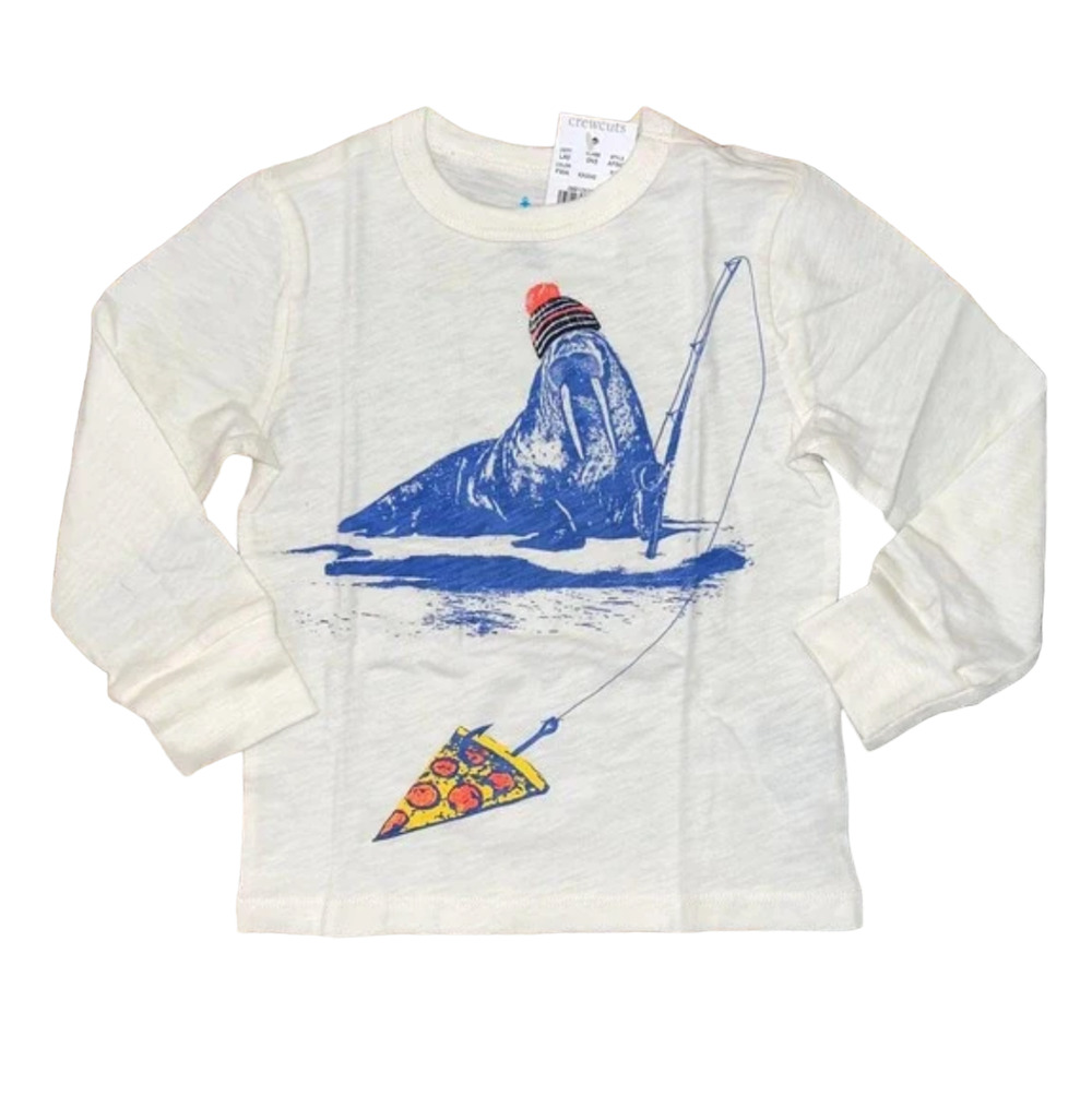 **NWT J. Crew Boys' Ivory W/Fishing Pizza Walrus Graphic Long Sleeve Tee -2